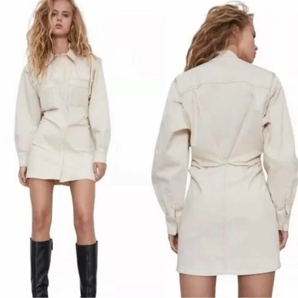 Zara long sleeve mini ivory cream ecru denim shirt dress with ruched detail. S - Picture 2 of 6